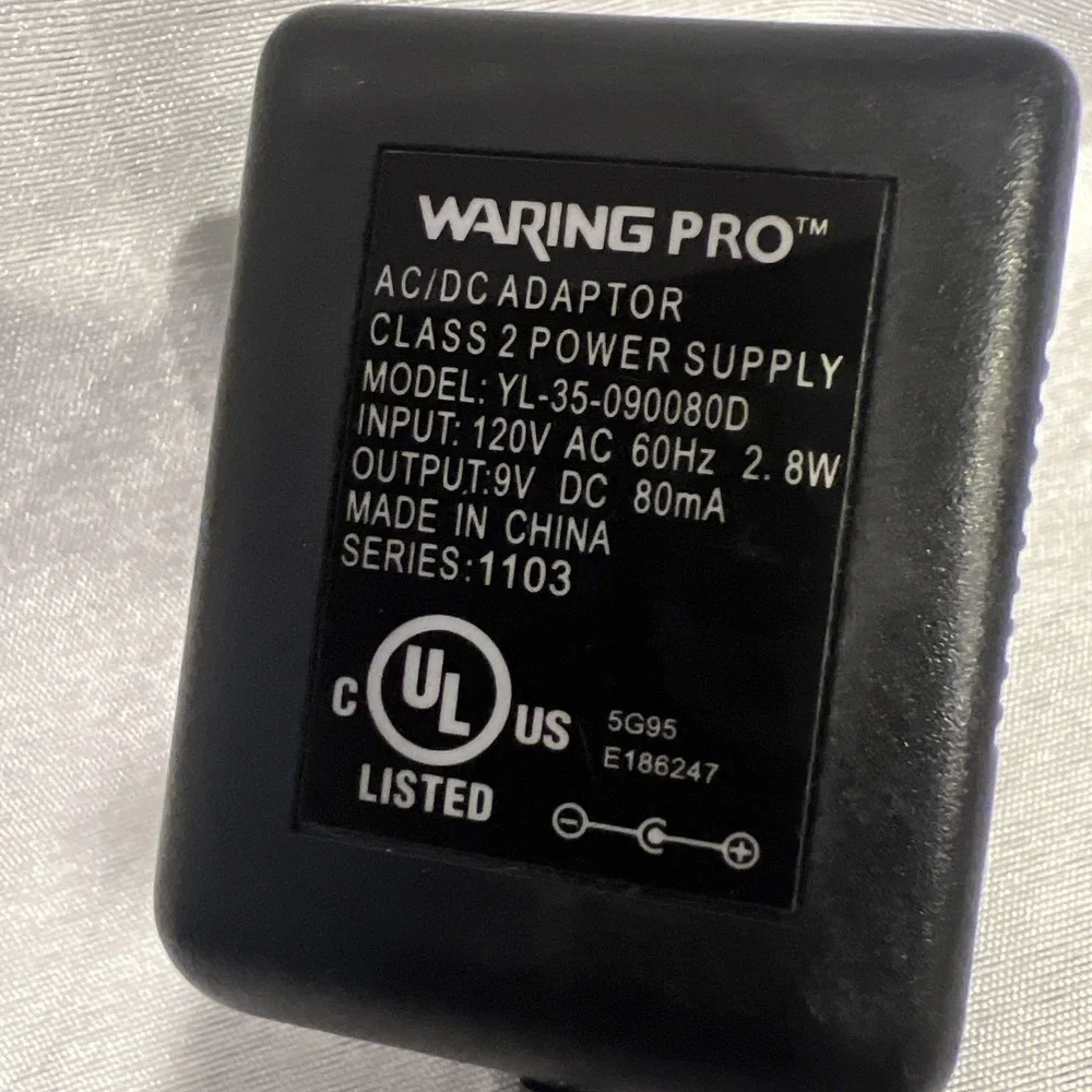 Waring Pro AC/DC Adapter‎ Model YL-35-090080D 9V DC 80mA Series 1103